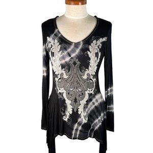 Vocal Womens Sz S Tunic BLK Biker Goth Tie Dye Studs Bling Fringe Shark Bite Hem